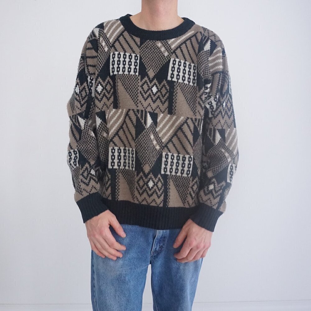 Intense '90S Jonathan Bryant Beige Black Eclectic Grandpa Crewneck Sweater XL